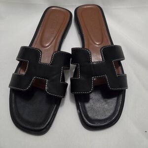 Black Slide Sandals with Brown Insole